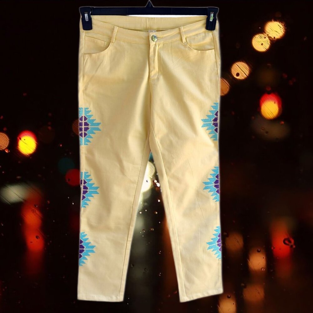 Andree Women's Jeans Yellow Size L Mid Rise Straight Leg Embroidered